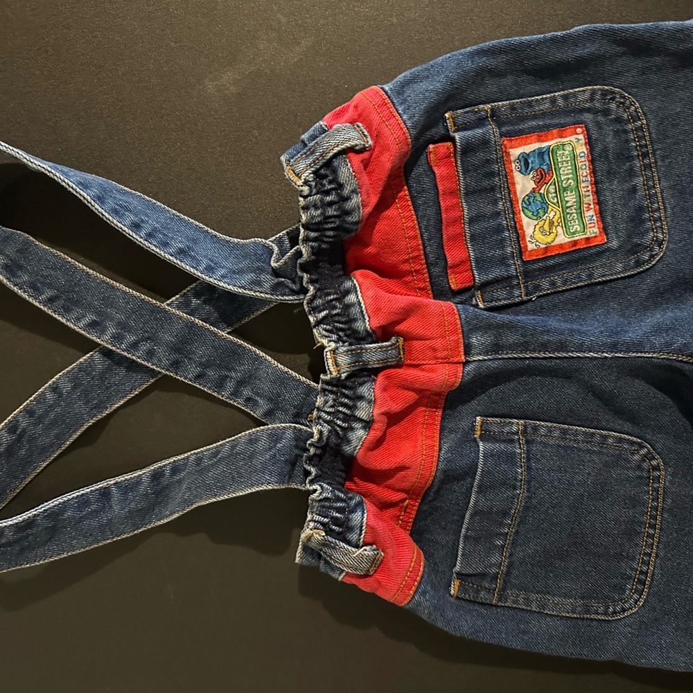 Sesame Street Kids Denim Overalls with Red Accents Vintage - Picture 5 of 7